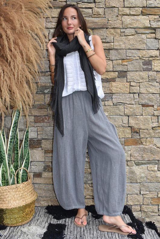 Lina Linen Blend Barrel Pant Washed Charcoal